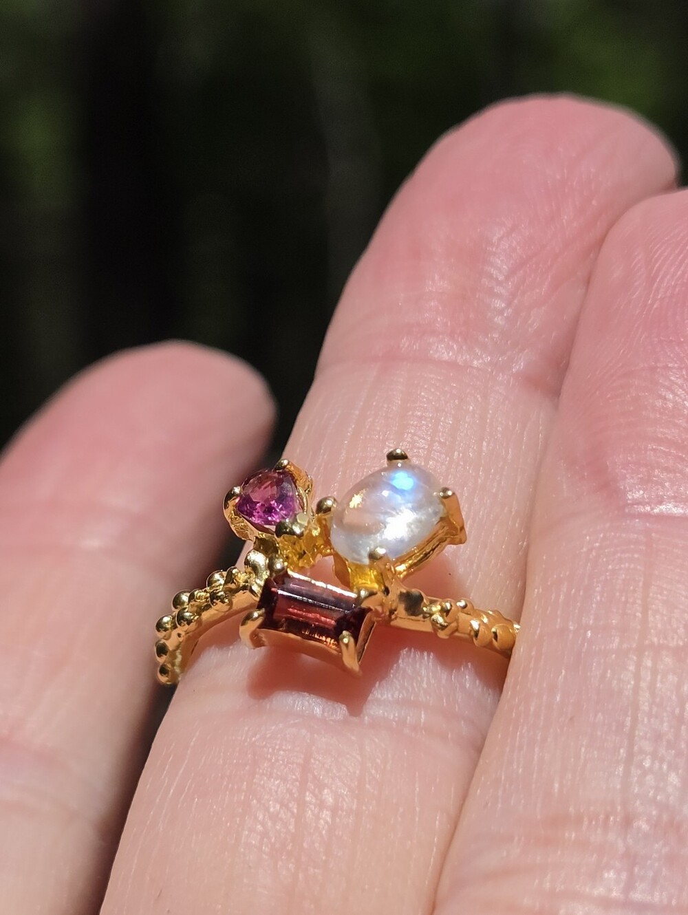 Moonstone Garnet & Rhodolite Sterling & Gold Ring Sz6.5 - Picture 3 of 8